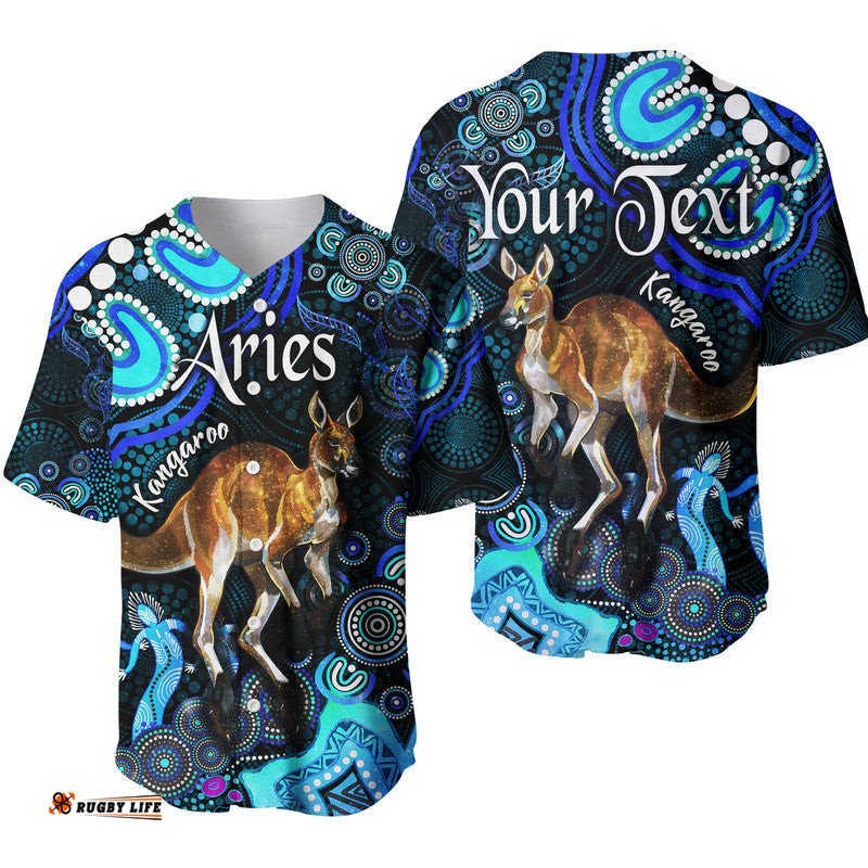 Custom Personalised Australian Astrology Baseball Jersey Shirt Aries Kangaroo Zodiac Aboriginal Vibes Blue