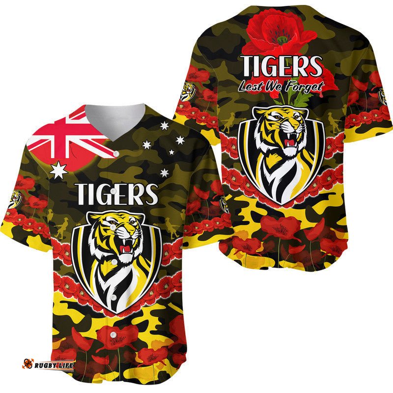 Richmond Tigers Football ANZAC Baseball Jersey Shirt Lest We Forget