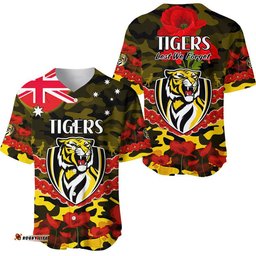 Richmond Tigers Football ANZAC Baseball Jersey Shirt Lest We Forget
