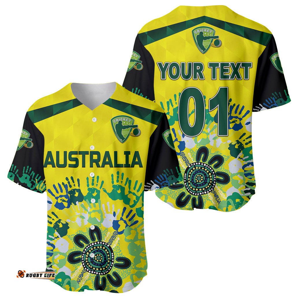 Custom Personalised Australia Cricket Baseball Jersey Shirt Aboriginal Style Unique Black 03