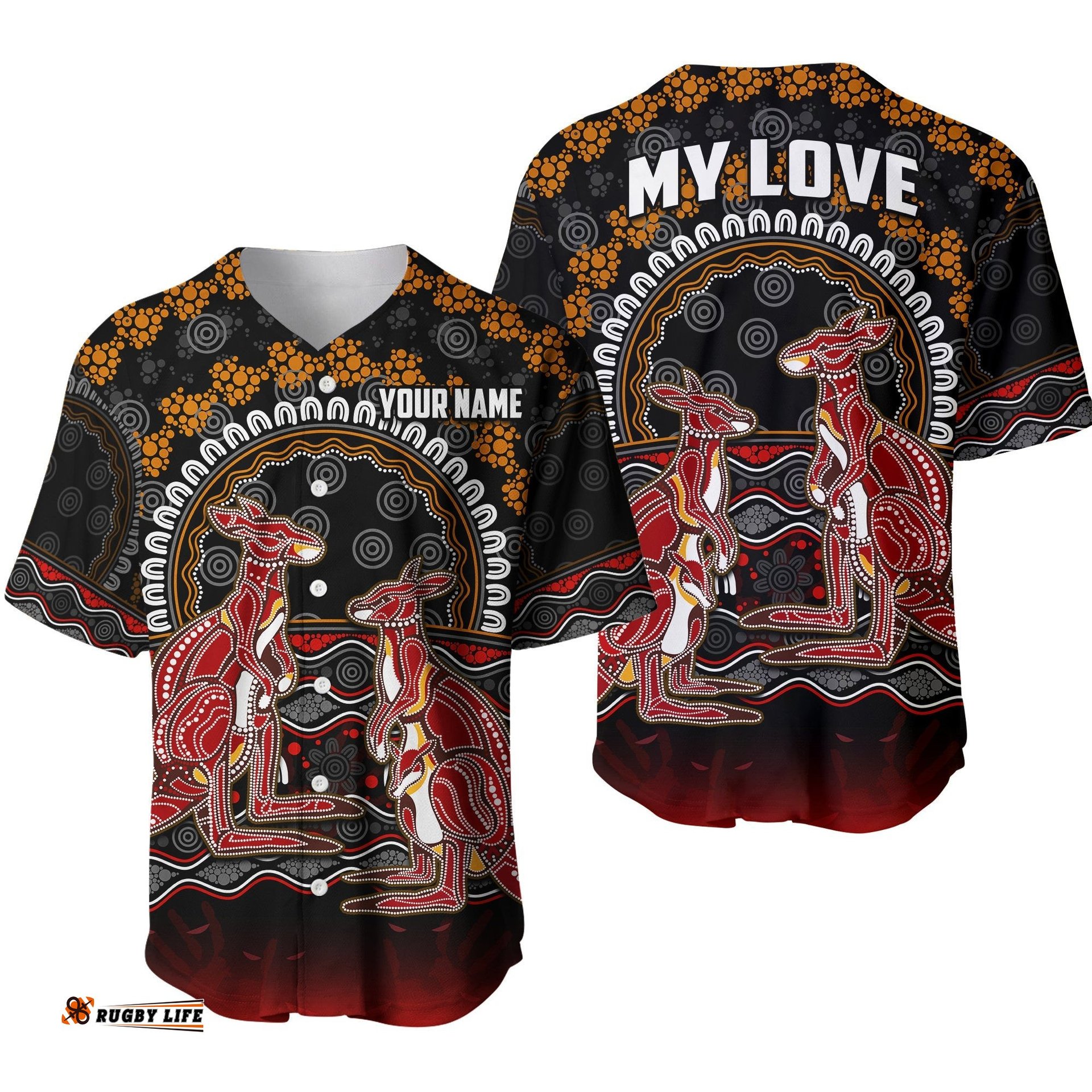 Custom Personalised Australia Valentine Baseball Jersey Shirt Aboriginal Couple Kangaroos MY LOVE