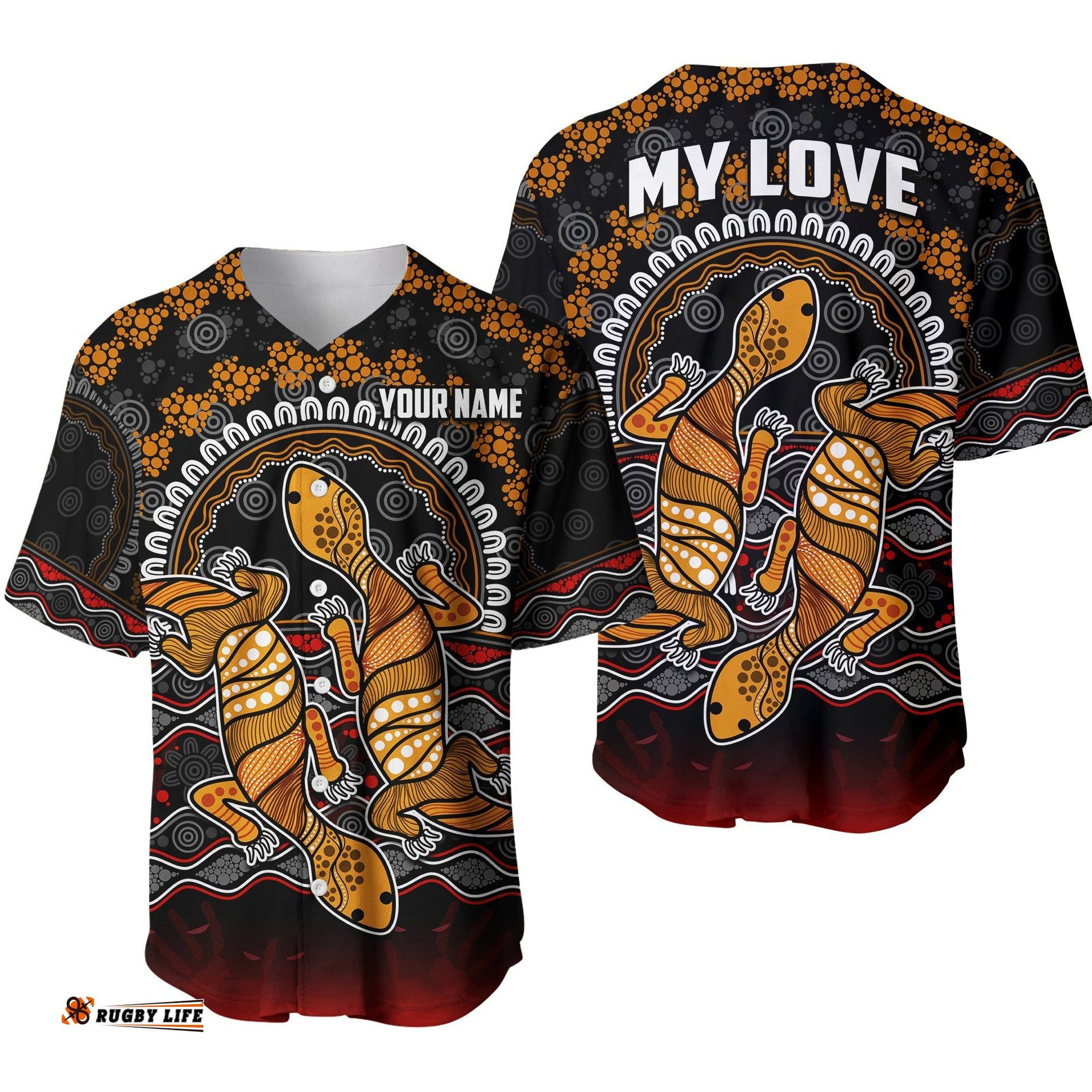 Custom Personalised Australia Valentine Baseball Jersey Shirt Aboriginal Couple Lizards MY LOVE
