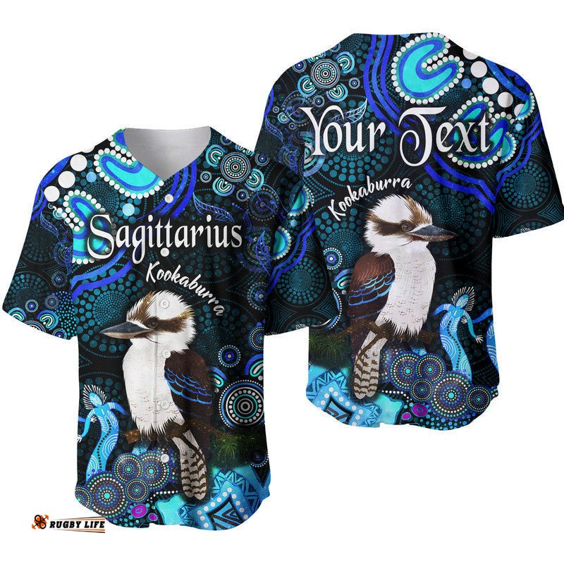 Custom Personalised Australian Astrology Baseball Jersey Shirt Sagittarius Kookaburra Zodiac Aboriginal Vibes Blue