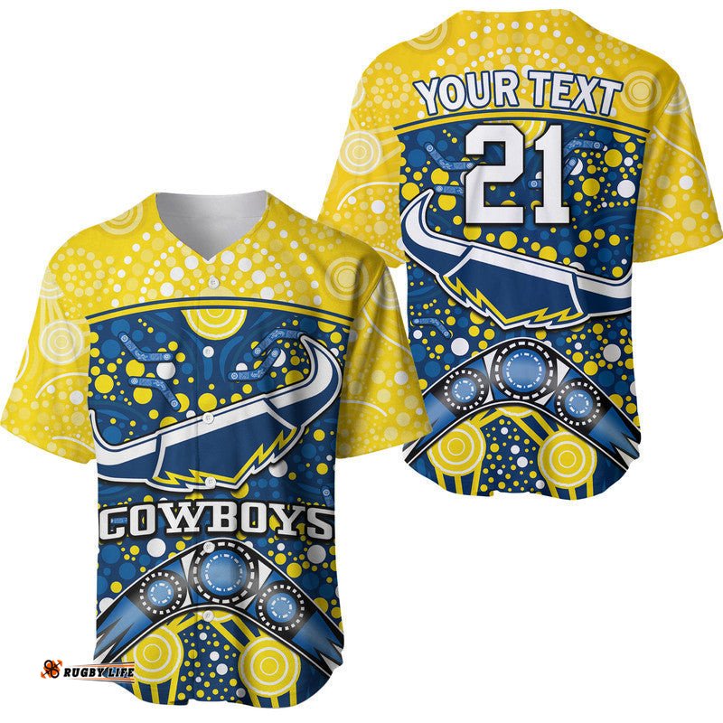 Custom Personalised Cowboys Rugby Baseball Jersey Shirt Boomerang Indigenous Dots