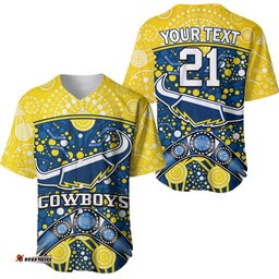 Custom Personalised Cowboys Rugby Baseball Jersey Shirt Boomerang Indigenous Dots