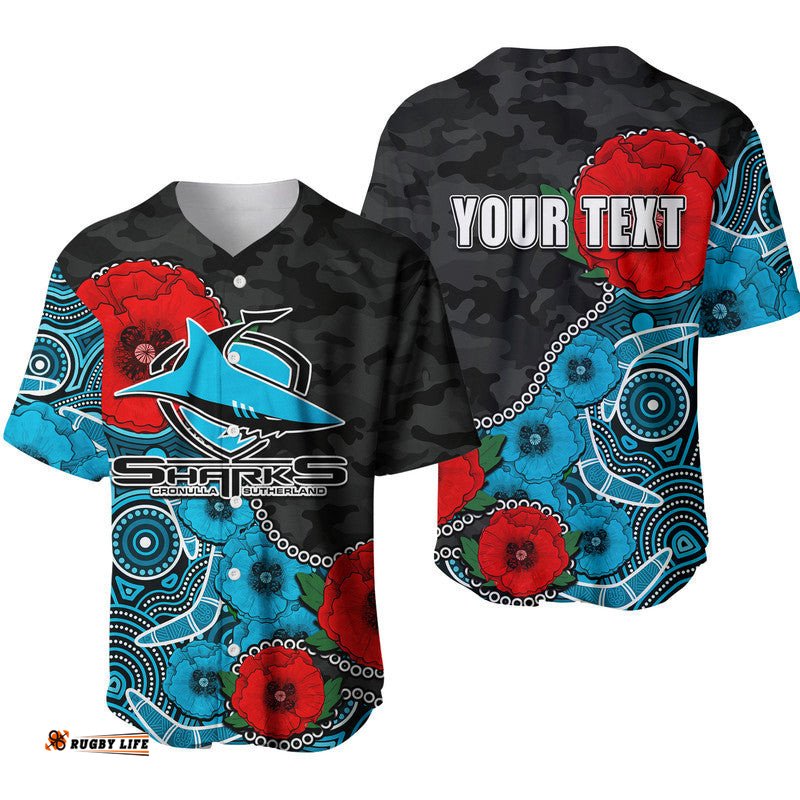 Custom Personalised Anzac Day NRL Sharks Army Mix Aboriginal Baseball Jersey Shirt