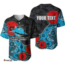 Custom Personalised Anzac Day NRL Sharks Army Mix Aboriginal Baseball Jersey Shirt