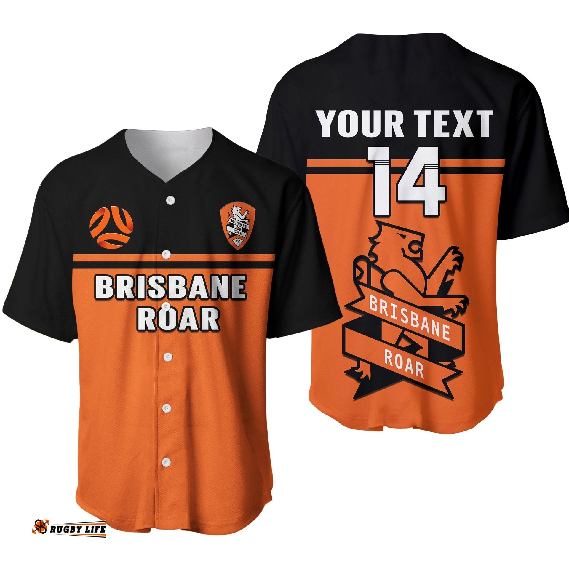 Custom Text And Number Brisbane Roar Football Baseball Jersey Shirt Go Lions Simple Style Ver.01