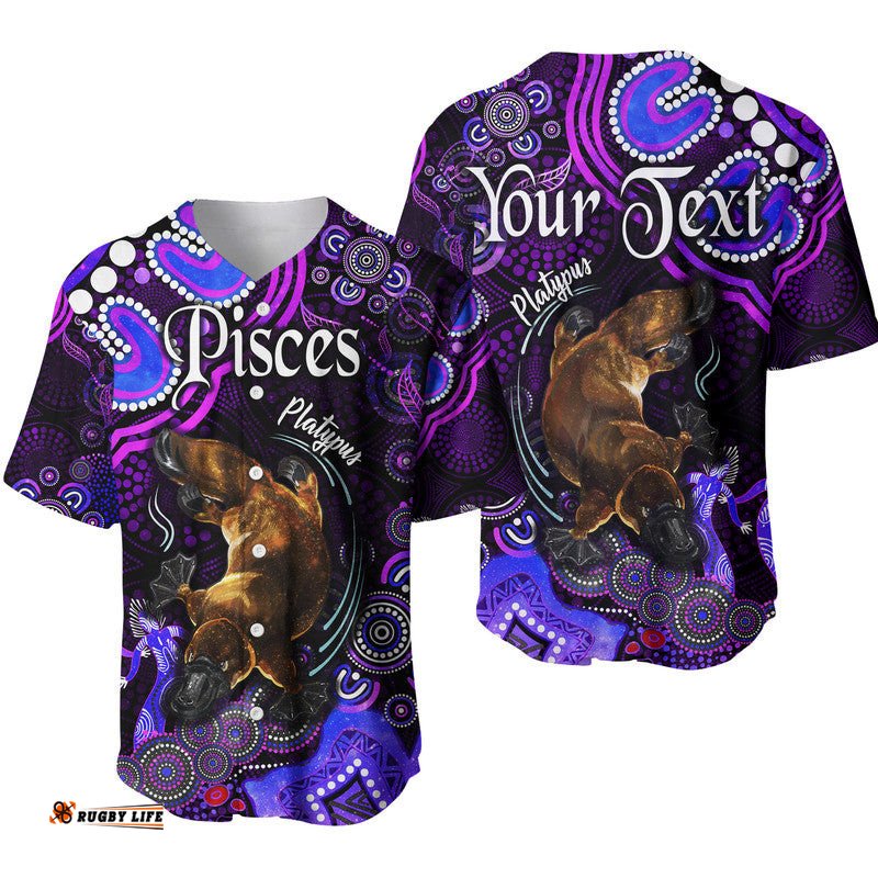 Custom Personalised Australian Astrology Baseball Jersey Shirt Pisces Platypus Zodiac Aboriginal Vibes Purple