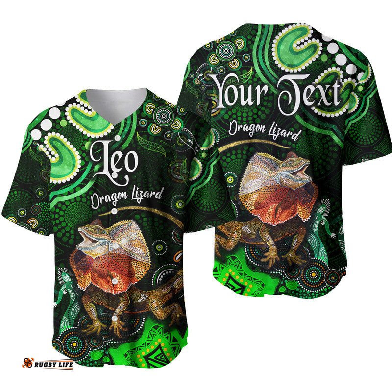 Custom Personalised Australian Astrology Baseball Jersey Shirt Leo Dragon Lizard Zodiac Aboriginal Vibes Green