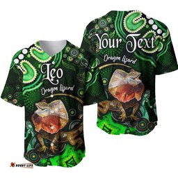 Custom Personalised Australian Astrology Baseball Jersey Shirt Leo Dragon Lizard Zodiac Aboriginal Vibes Green