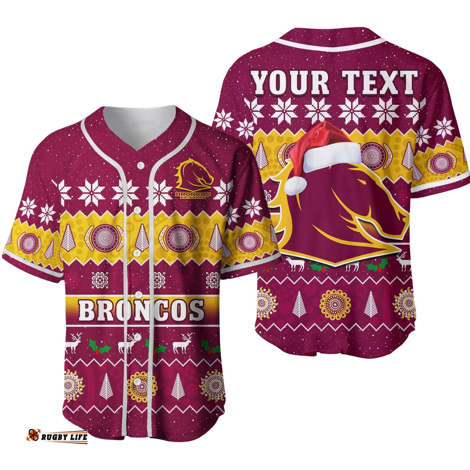 Custom Personalised Broncos Christmas Baseball Jersey Shirt Brisbane Aboriginal Art Merry Xmas Ver.02