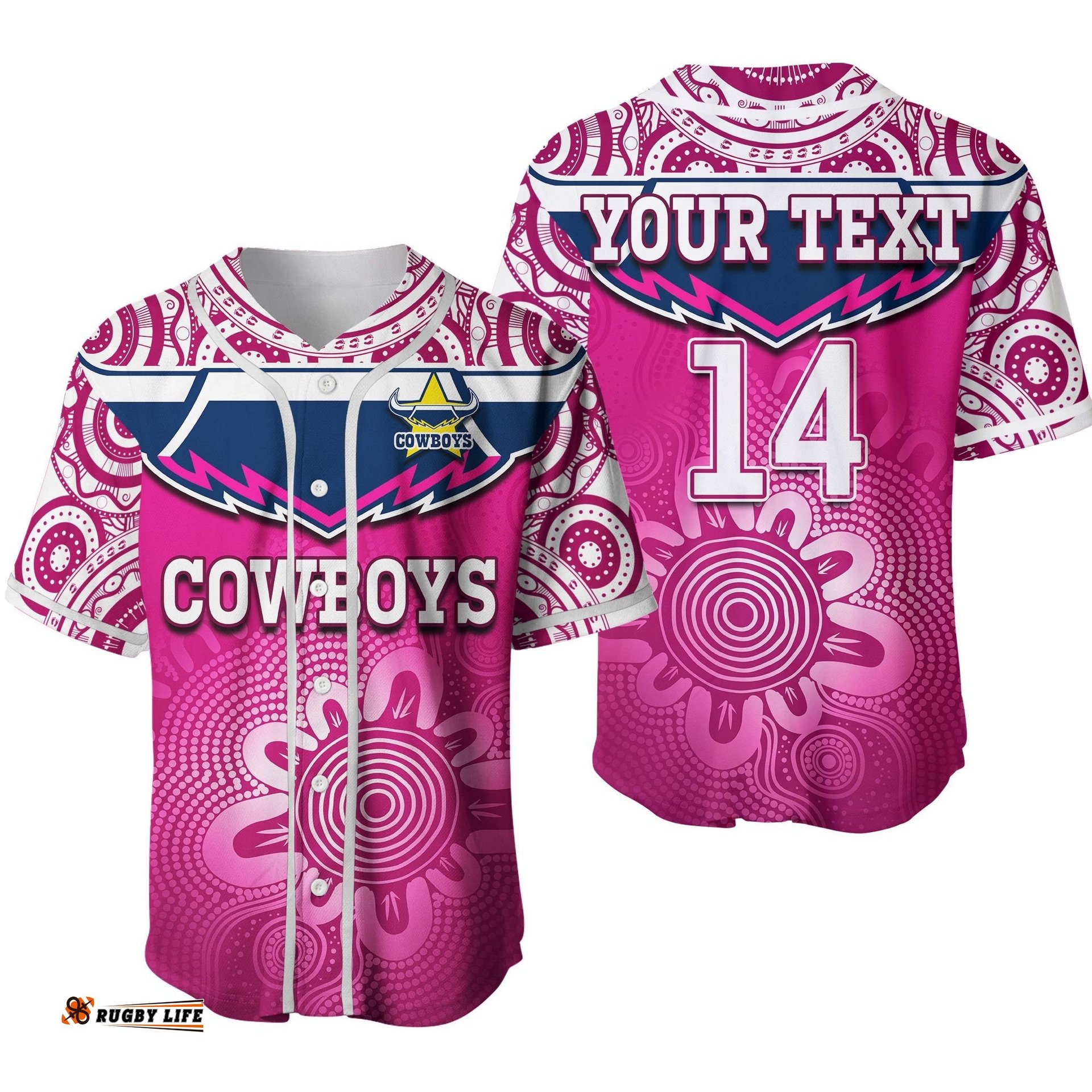 Custom Text And Number Cowboys Rugby Baseball Jersey Shirt Aboriginal Pattern Pink Version Ver.02