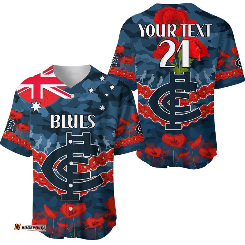 Custom Personalised Blues Football ANZAC Baseball Jersey Shirt Lest We Forget