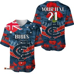 Custom Personalised Blues Football ANZAC Baseball Jersey Shirt Lest We Forget