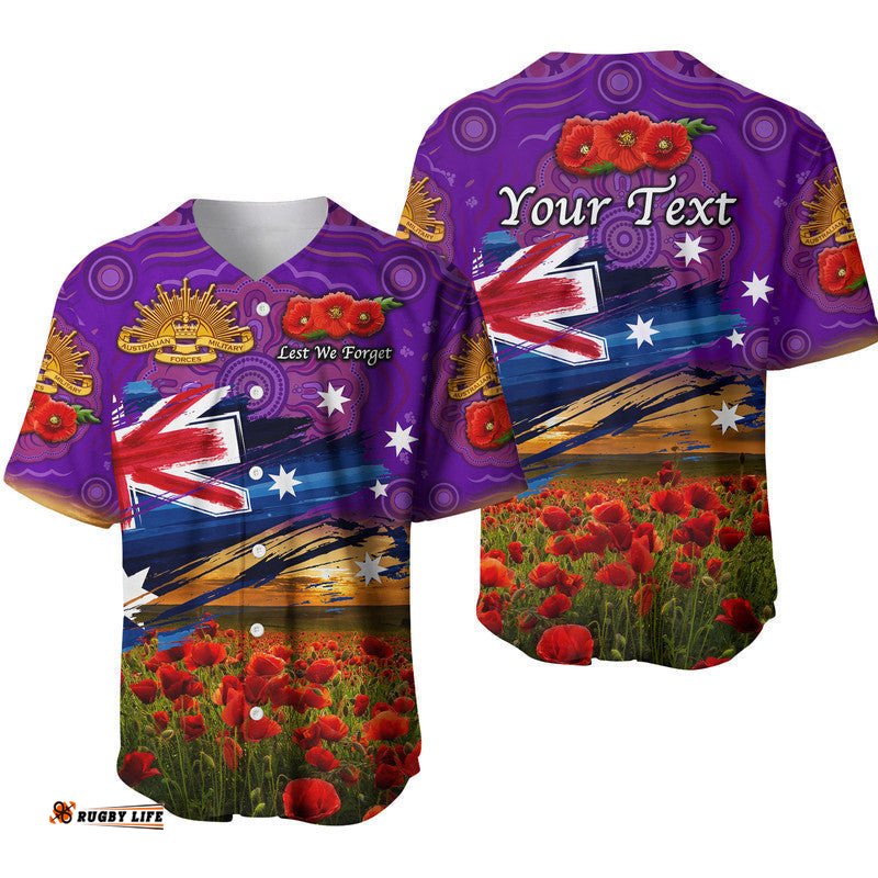 Custom Personalised Australia Aboriginal ANZAC Baseball Jersey Shirt Poppy Vibes Purple