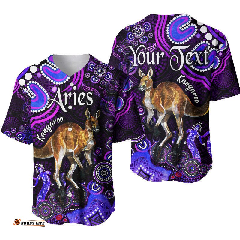 Custom Personalised Australian Astrology Baseball Jersey Shirt Aries Kangaroo Zodiac Aboriginal Vibes Purple