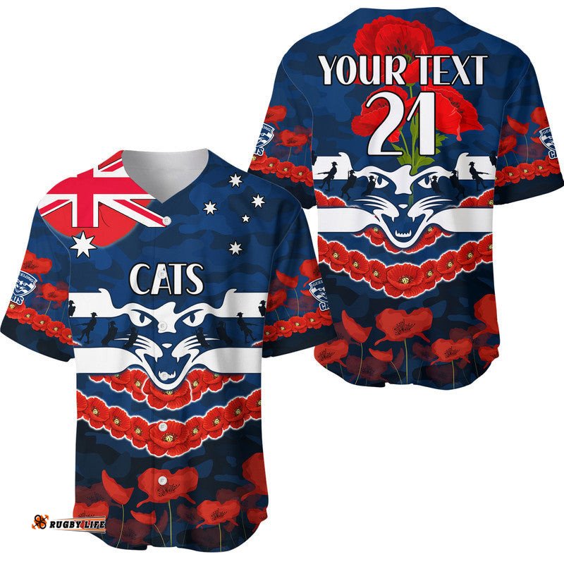 Custom Personalised Cats Football ANZAC Baseball Jersey Shirt Lest We Forget