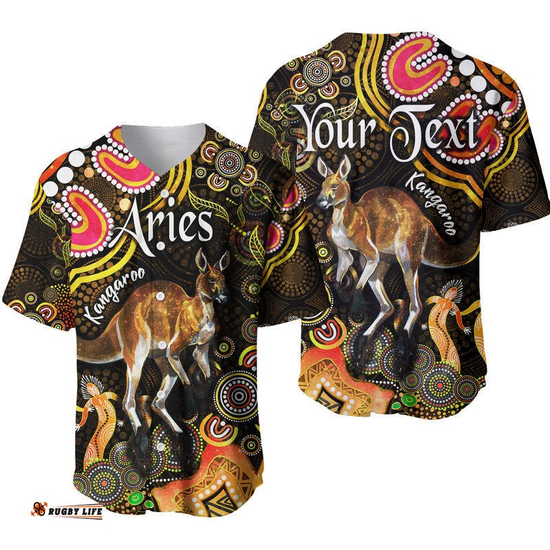 Custom Personalised Australian Astrology Baseball Jersey Shirt Aries Kangaroo Zodiac Aboriginal Vibes Gold