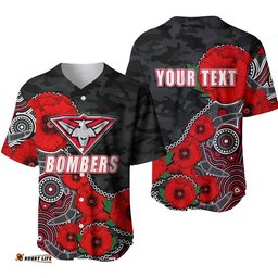 Custom Personalised Anzac Day AFL Bombers Army Mix Aboriginal Baseball Jersey Shirt
