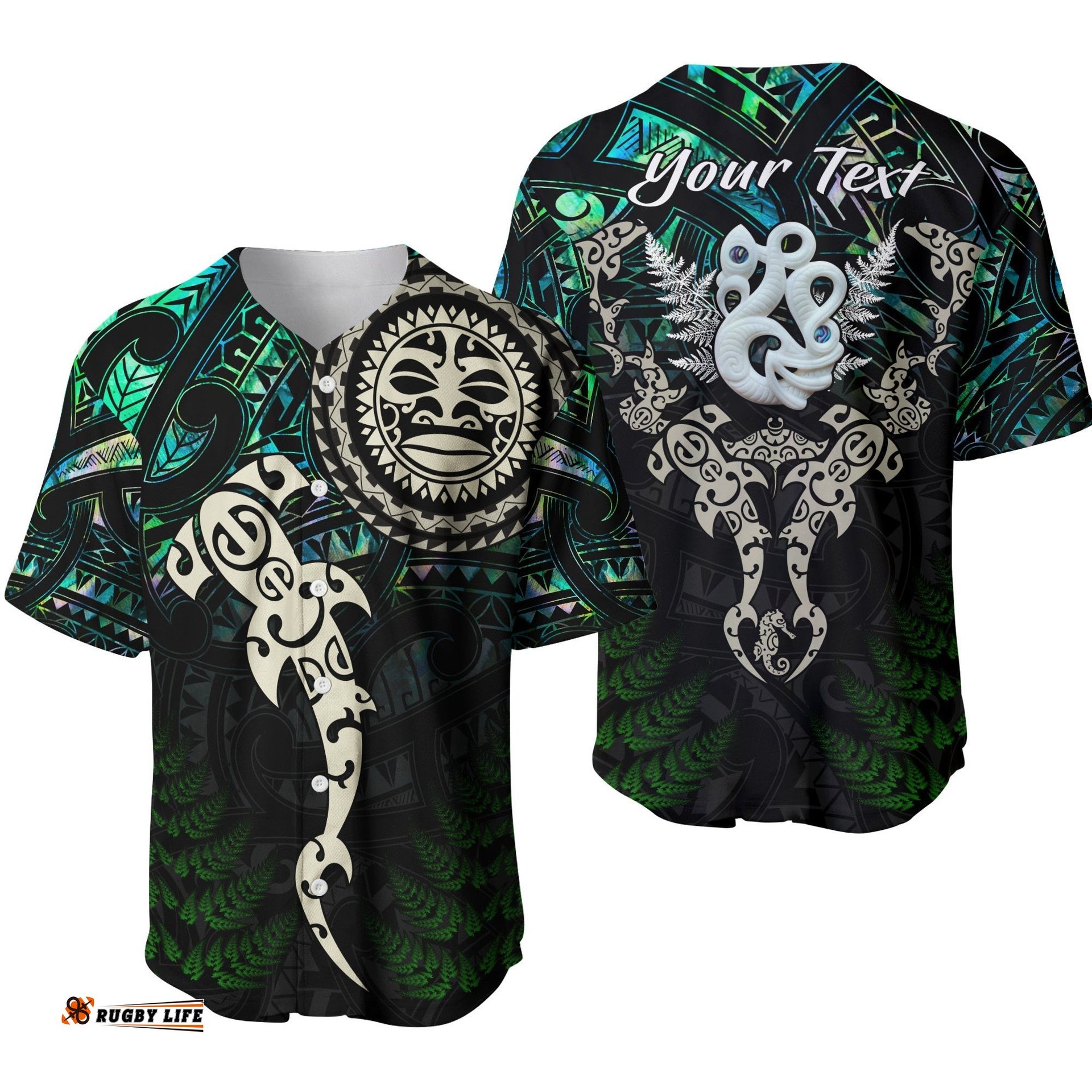 Custom Personalised Aotearoa Paua Shell Baseball Jersey Shirt Maori Manaia and Fish