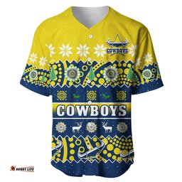 Custom Personalised Cowboys Christmas Baseball Jersey Shirt Aboriginal Art Merry Xmas
