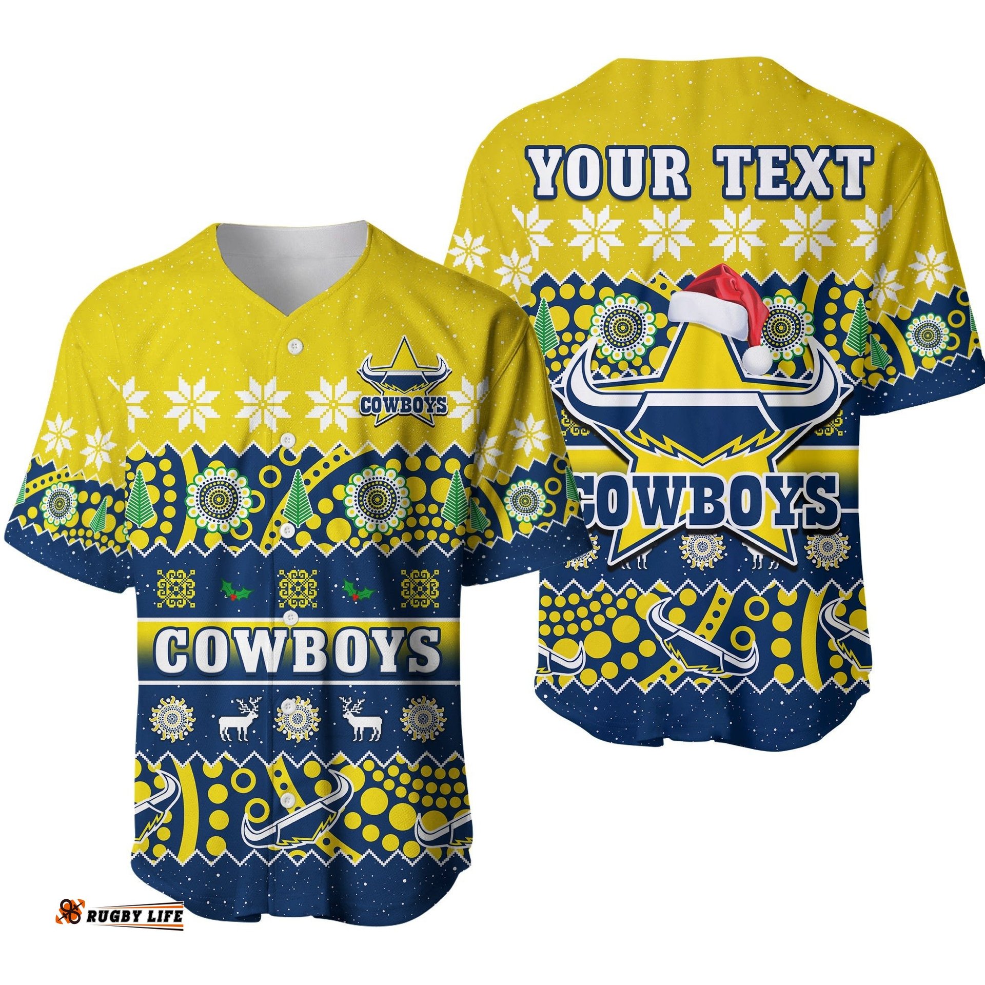 Custom Personalised Cowboys Christmas Baseball Jersey Shirt Aboriginal Art Merry Xmas