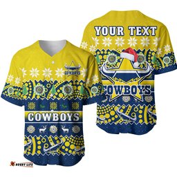 Custom Personalised Cowboys Christmas Baseball Jersey Shirt Aboriginal Art Merry Xmas