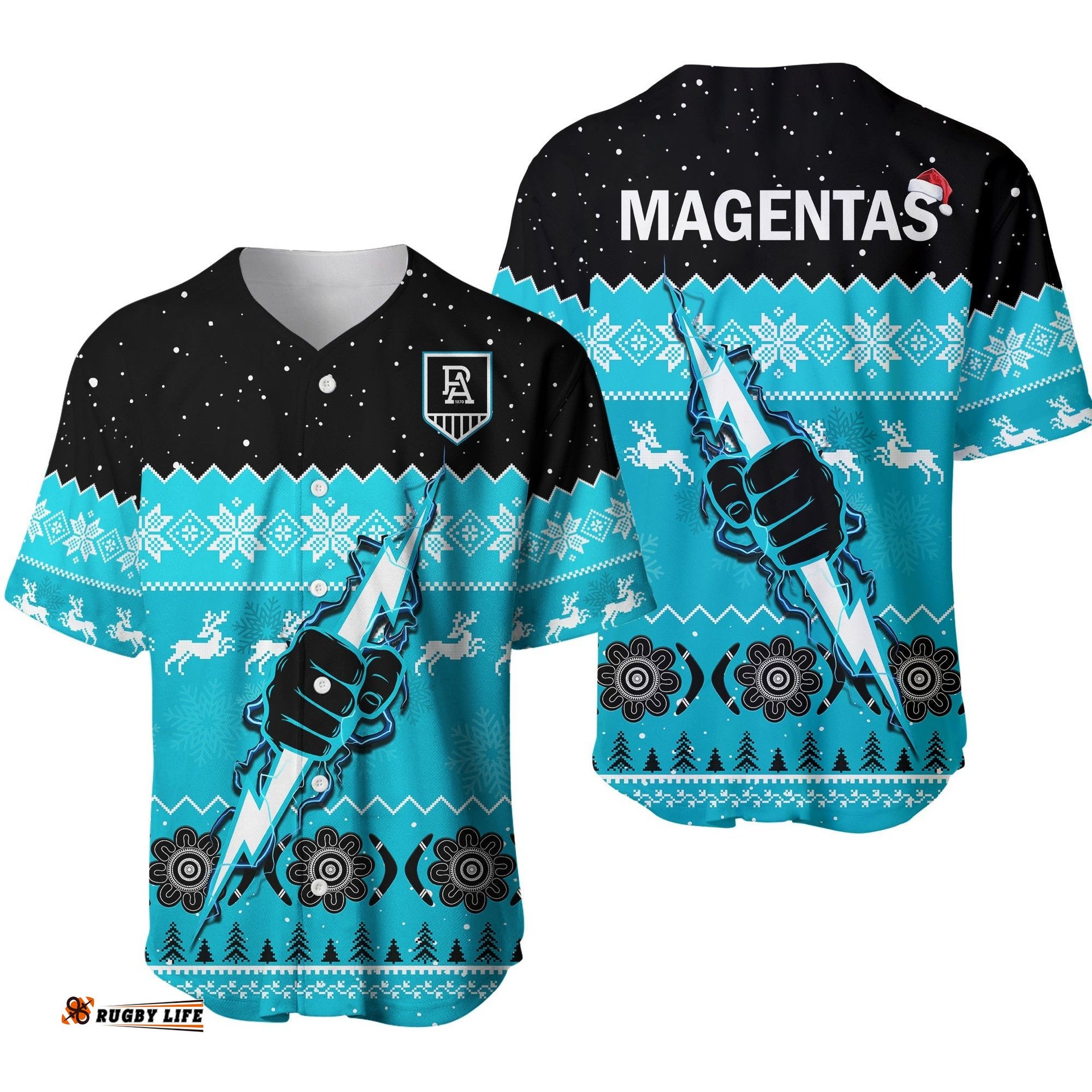 Port Adelaide Football Baseball Jersey Shirt Magentas Indigenous Merry Christmas