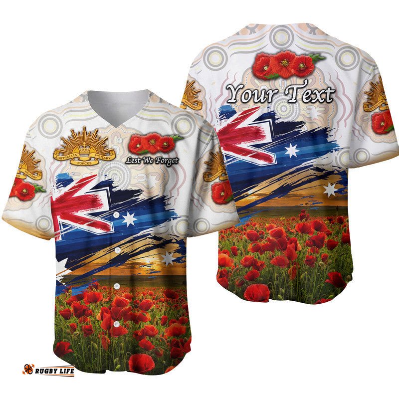 Custom Personalised Australia Aboriginal ANZAC Baseball Jersey Shirt Poppy Vibes White