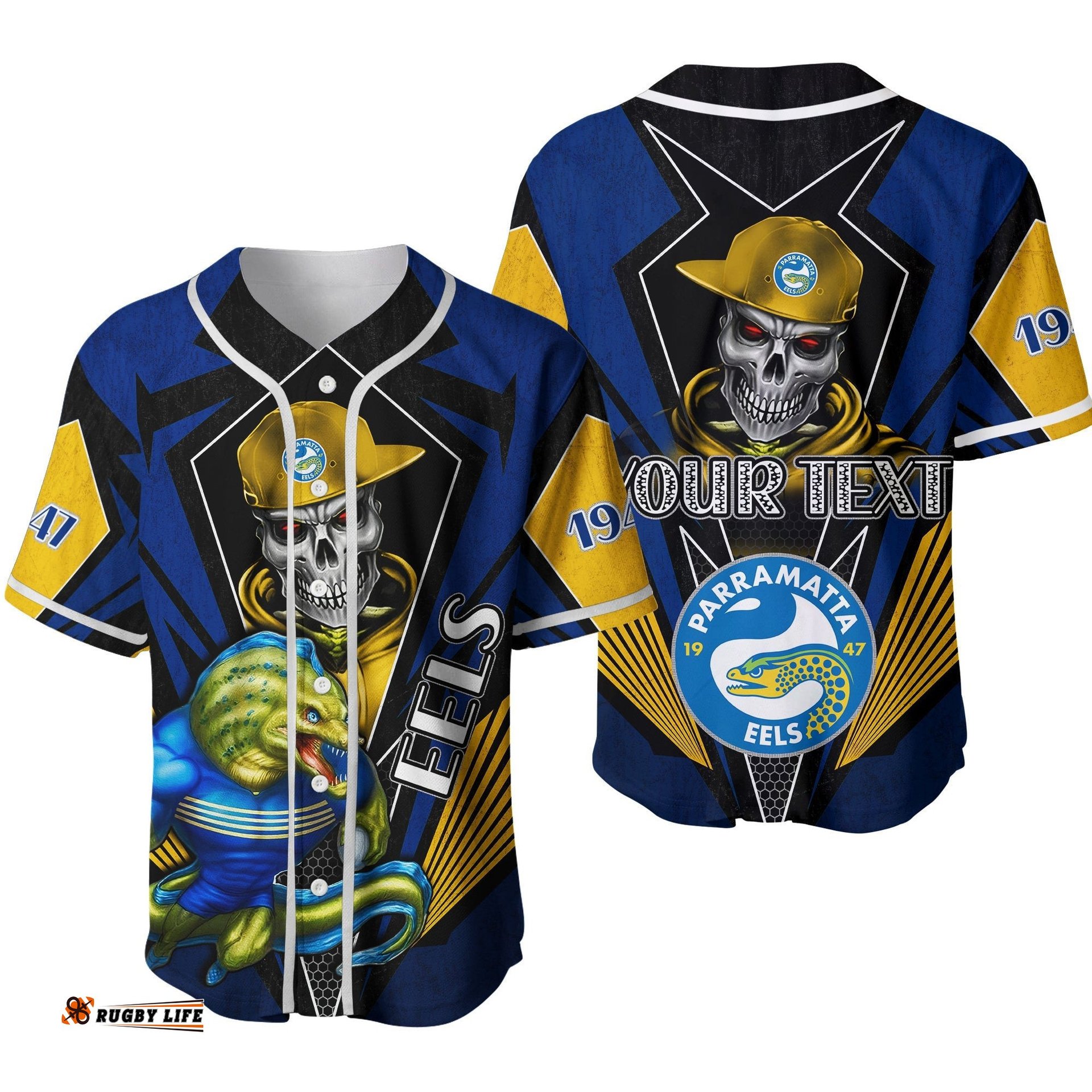 Custom Personalised Eels Rugby Baseball Jersey Shirt Mascot Parramatta Since 1947 Cool Skull Ver.02