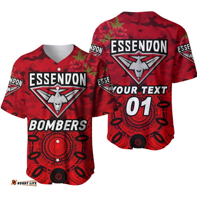 Custom Personalised Essendon Bombers ANZAC Baseball Jersey Shirt Indigenous Vibes Red