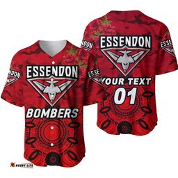 Custom Personalised Essendon Bombers ANZAC Baseball Jersey Shirt Indigenous Vibes Red