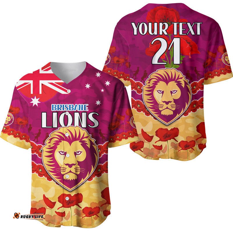 Custom Personalised Brisbane Lions Football ANZAC Baseball Jersey Shirt Lest We Forget