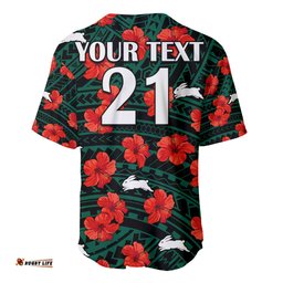 Custom Text And Number Rabbitohs Rugby Baseball Jersey Shirt Polynesian Style With Hibiscus