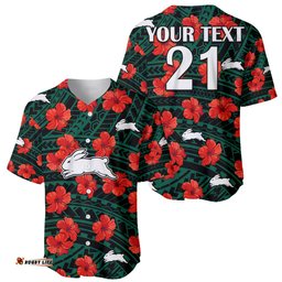 Custom Text And Number Rabbitohs Rugby Baseball Jersey Shirt Polynesian Style With Hibiscus