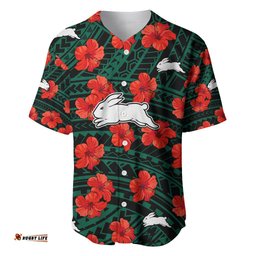 Custom Text And Number Rabbitohs Rugby Baseball Jersey Shirt Polynesian Style With Hibiscus