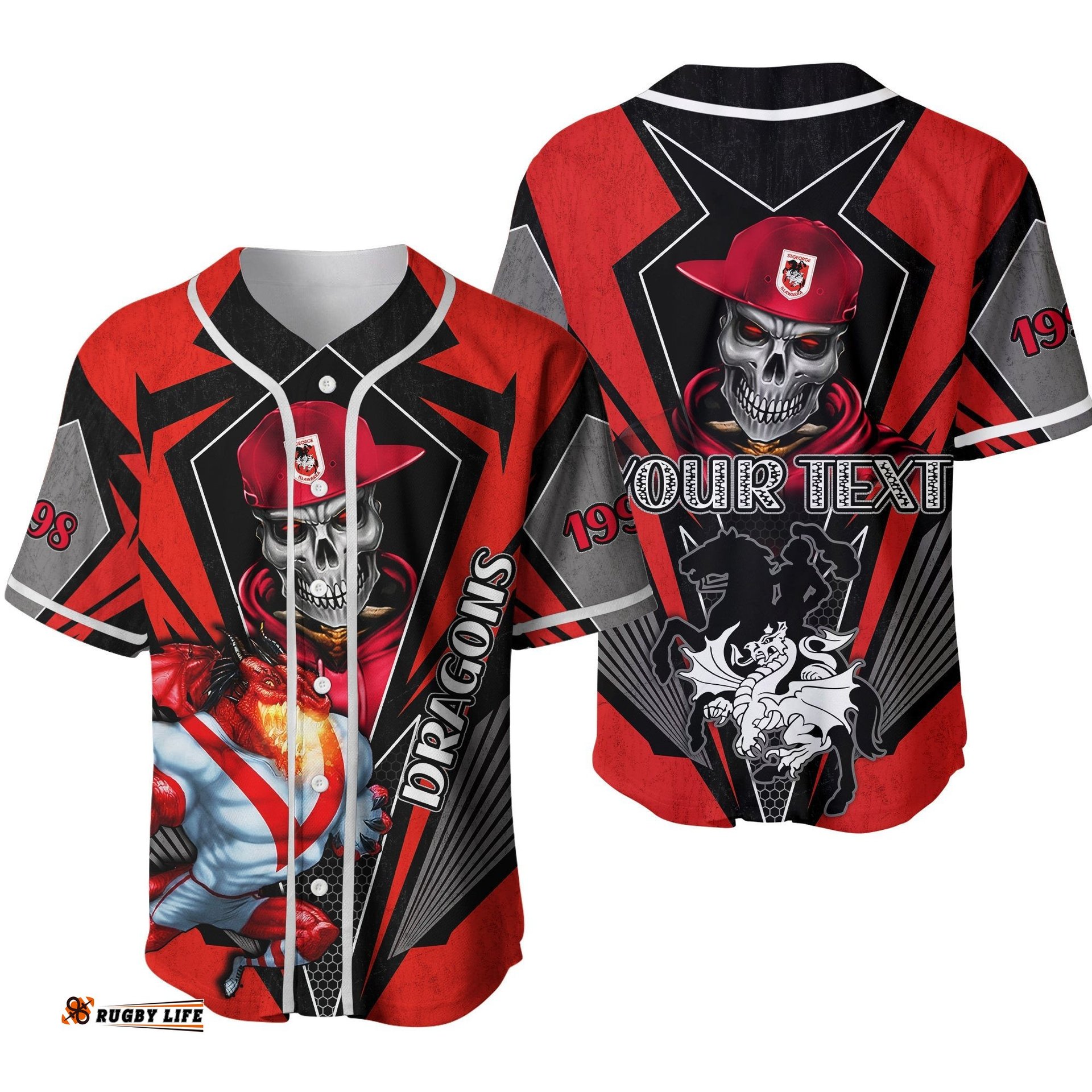 Custom Personalised Dragons Rugby Baseball Jersey Shirt Mascot St. George Illawarra Since 1998 Cool Skull Ver.02
