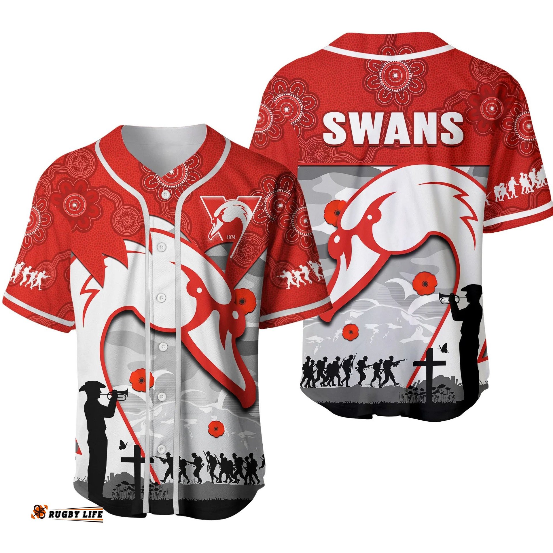 Swans Football ANZAC Baseball Jersey Shirt Sydney Indigenous Camouflage Art Ver.02
