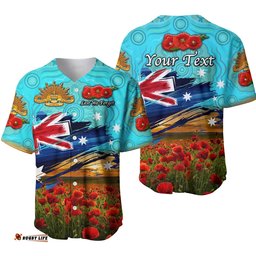 Custom Personalised Australia Aboriginal ANZAC Baseball Jersey Shirt Poppy Vibes Blue