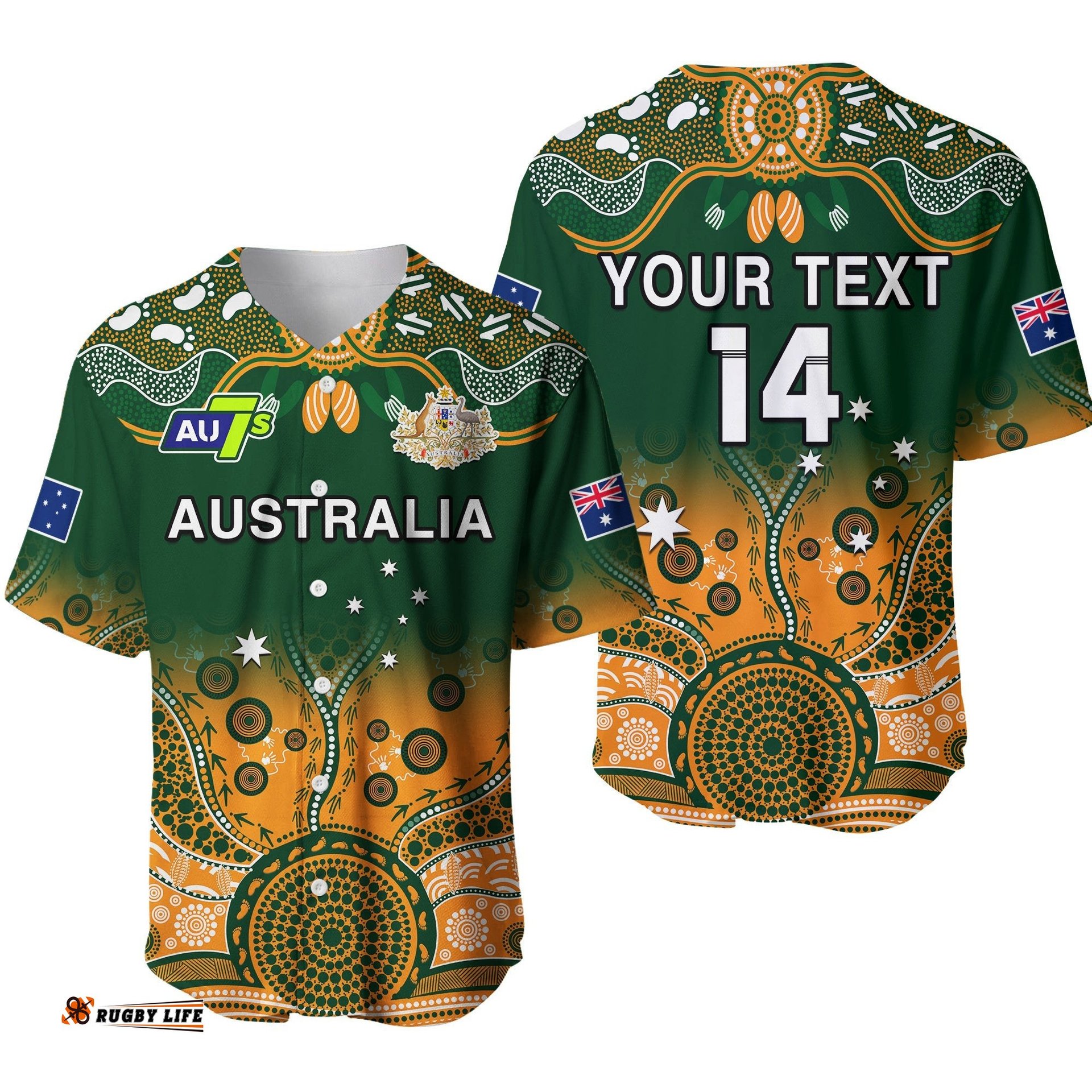 Custom Text And Number Australia Rugby Baseball Jersey Shirt Aussie Sevens Green Indigenous Ver.01