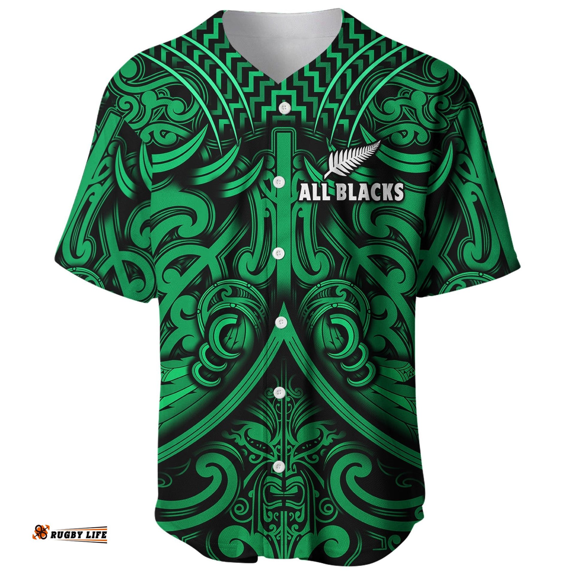 Custom Text and Number New Zealand Silver Fern Rugby Baseball Jersey Shirt All Black Green NZ Maori Pattern