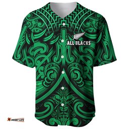 Custom Text and Number New Zealand Silver Fern Rugby Baseball Jersey Shirt All Black Green NZ Maori Pattern