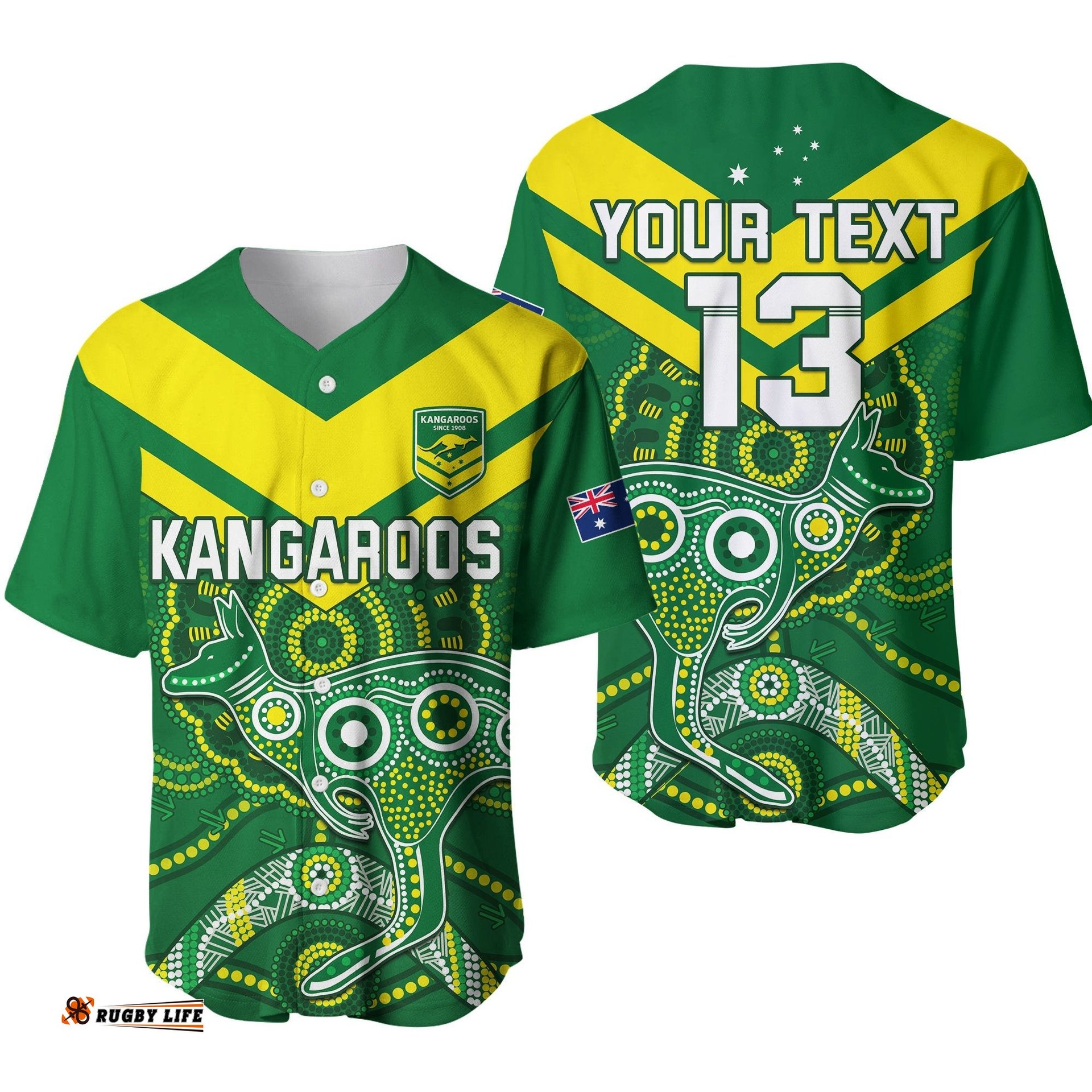 Custom Text and Number Australia Rugby Baseball Jersey Shirt Kangaroos Boomerang Aboriginal Ver.01