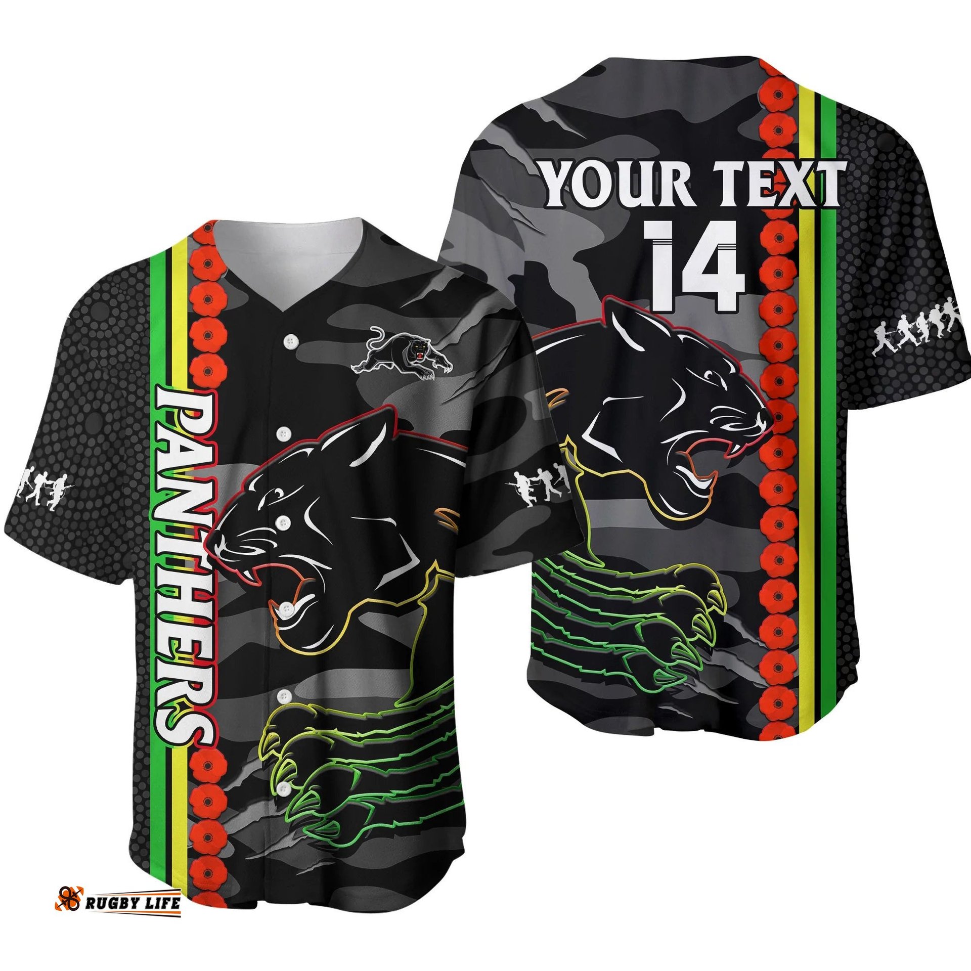 Custom Text And Number Panthers Rugby ANZAC Baseball Jersey Shirt Aboriginal Mix Poppy Camouflage Black Ver.01