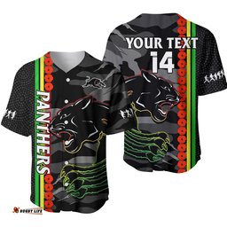Custom Text And Number Panthers Rugby ANZAC Baseball Jersey Shirt Aboriginal Mix Poppy Camouflage Black Ver.01