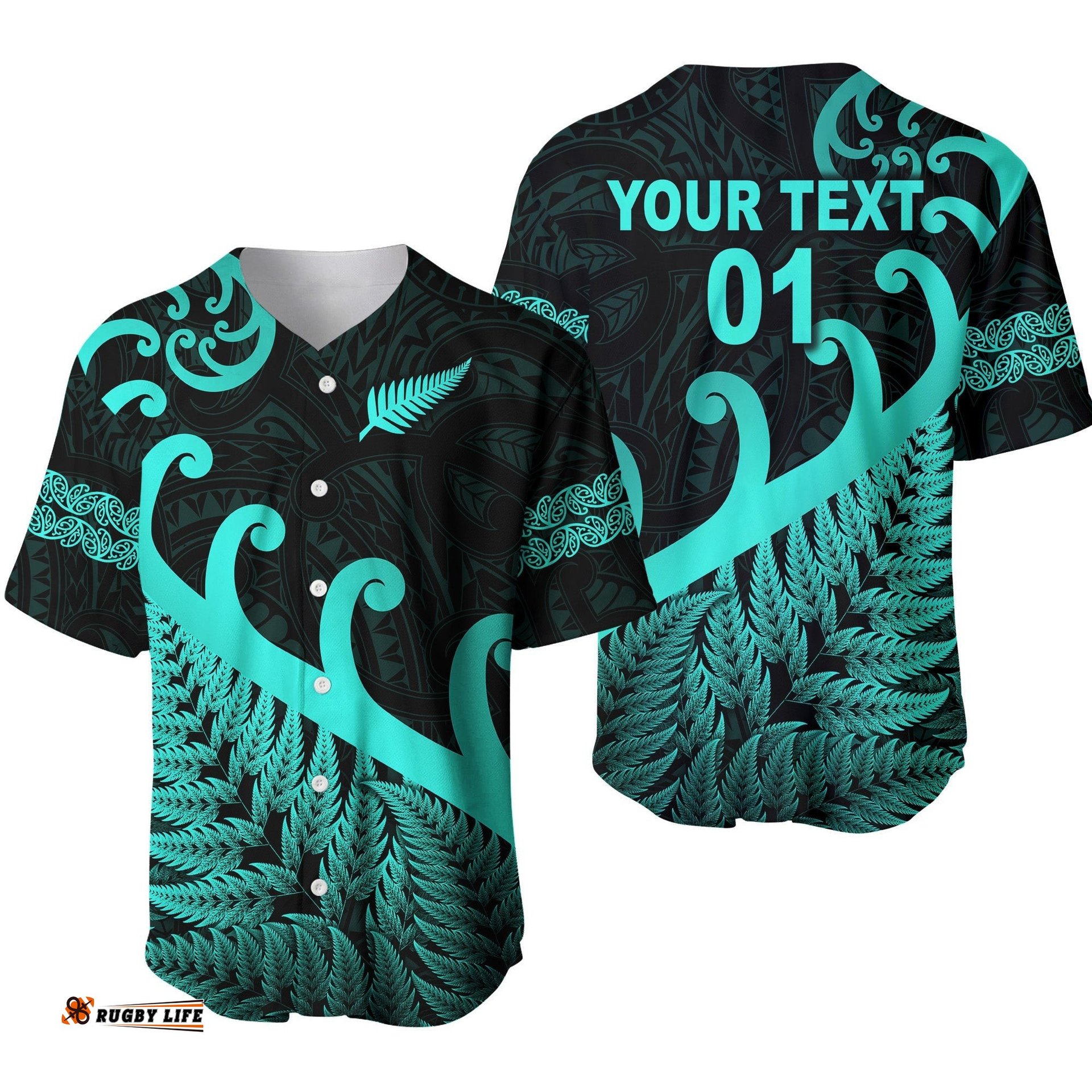 Custom Personalised New Zealand Rugby Maori Baseball Jersey Shirt Silver Fern Koru Vibes Turquoise