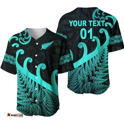 Custom Personalised New Zealand Rugby Maori Baseball Jersey Shirt Silver Fern Koru Vibes Turquoise