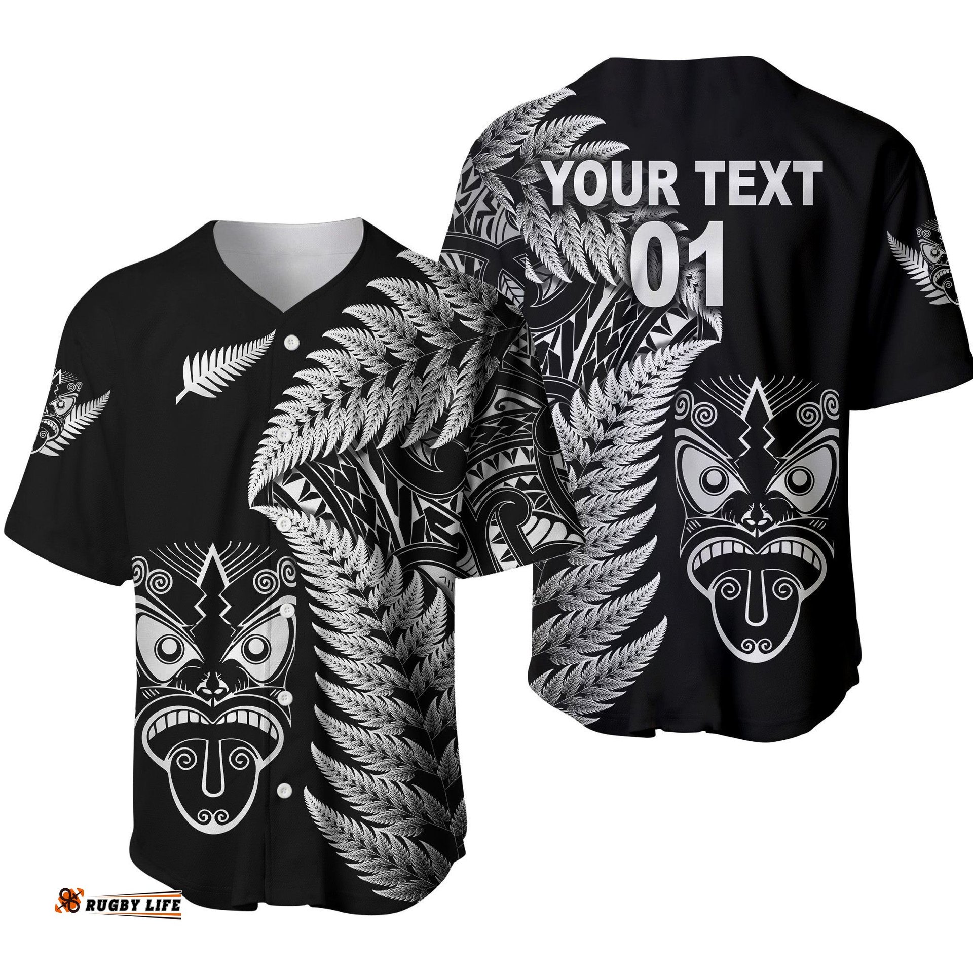 Custom Personalised New Zealand Haka Rugby Maori Baseball Jersey Shirt Silver Fern Vibes Black