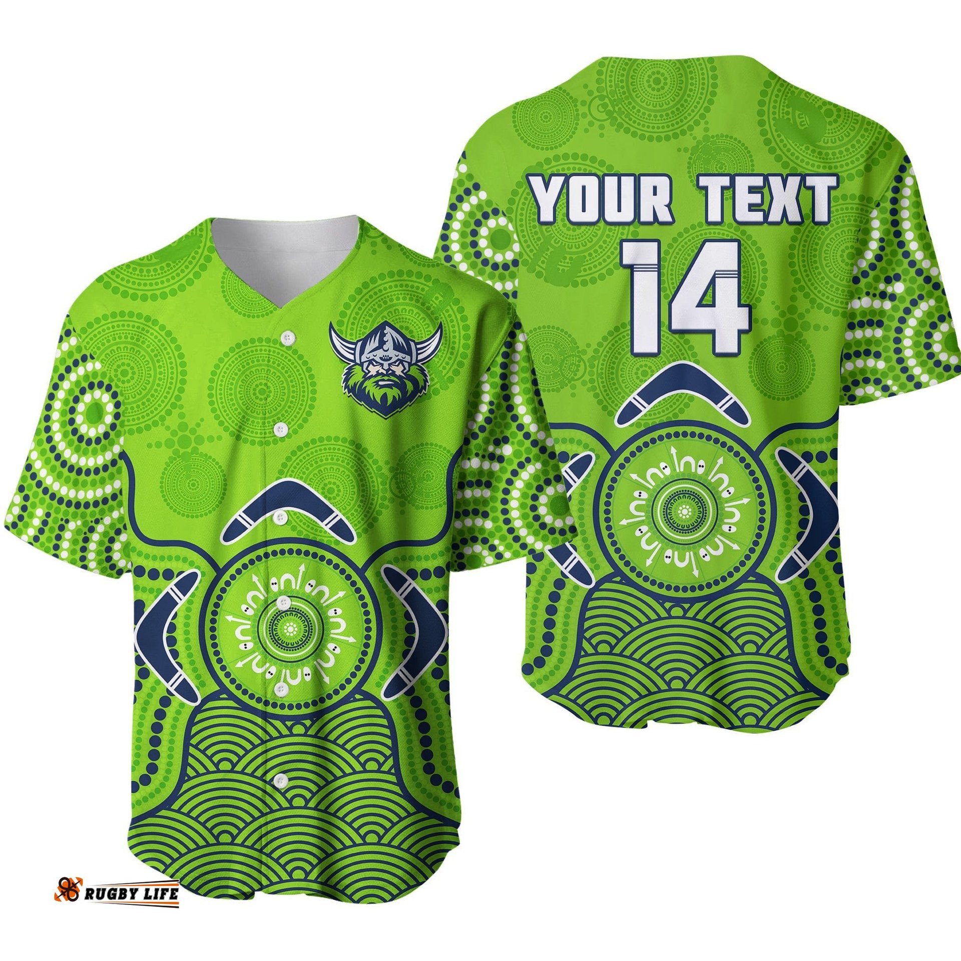 Custom Text And Number Raiders Rugby Baseball Jersey Shirt The Green Machine Indigenous Artsy